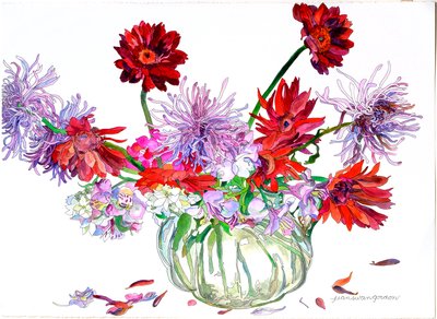 Gerbera, Stern von Bethlehem, Spinnenchrysanthemen, Heisey-Krug von Jean Swan Gordon