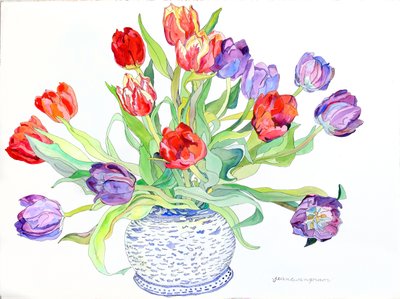 Tulpen in Schale mit bemaltem Fisch- und Vogeldesign, 2006 von Jean Swan Gordon