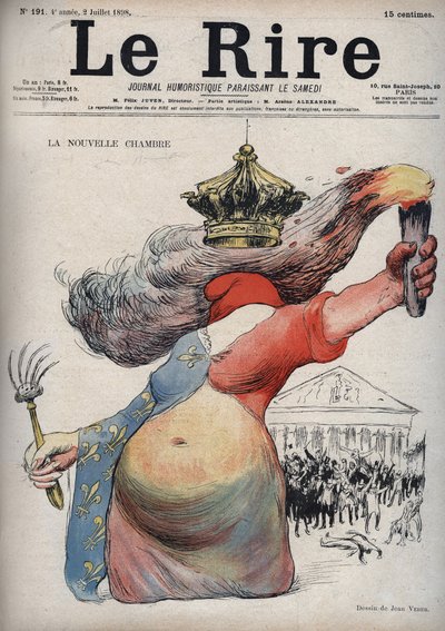 Der neue Raum - Marianne mit phrygischer Mütze - Marianne in einem Kleid in zwei Teilen: eine rote Seite und die andere Seite mit Fleur-de-Lis-Dekor - (Der Cartoon bezieht sich auf die politische Spaltung zwischen Republikanern und Monarchisten) von Jean Veber