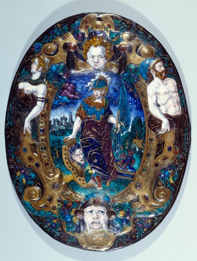 Bemaltes Email-Tablett, das Minerva auf Landschaftshintergrund darstellt, geschaffen von Jean Court dit Vigier (16. Jahrhundert) (Maler und Emailleur in LIMOGES) Paris, Louvre Museum von Jean de Court