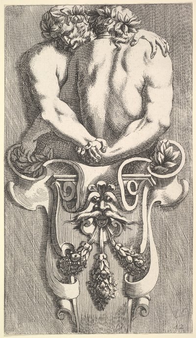 Entwurf für einen Abschluss mit zwei umarmenden Satyrn, aus: Curieuses recherches de plusieurs beaus, 1645 von Jean le Pautre