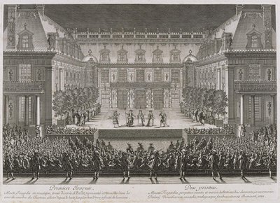 Jean-Baptiste Lullys Oper Alceste wird im Marmorhof des Schlosses von Versailles aufgeführt von Jean le Pautre