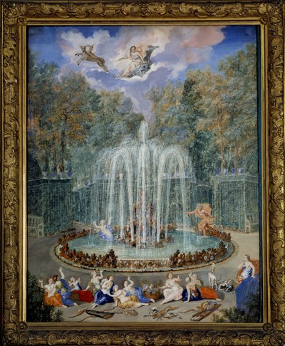 Ansicht des Hains des Sterns oder des Wasserbergs in den Gärten von Versailles mit Alphee, der Arethuse verfolgt, und am Himmel führt Diana ihren Wagen von Jean the Younger Cotelle