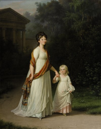 Kronprinzessin Marie Sophie Frederikke mit Tochter Prinzessin Caroline im romantischen Park von Jens Juel