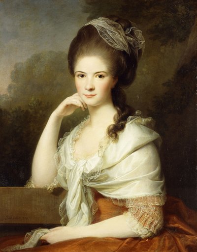 Porträt einer Dame, sitzend, halbfigur, in einem braunen Kleid und einem weißen Schal, 1778 von Jens Juel