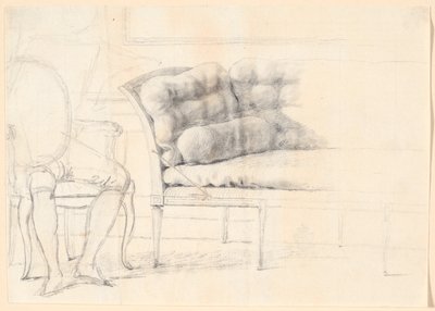 Studie zum Holmskiold-Familienbild von 1787: das gepolsterte Sofa, und links ein Stuhl mit skizzierter Holmskiold-Figur von Jens Juel