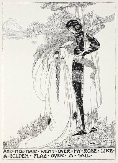 Und ihr Haar ging über mein Gewand wie eine goldene Fahne über ein Segel - ein junges Paar umarmt sich von Jessie Marion King