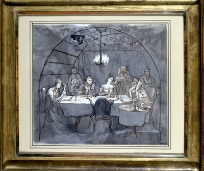 Laubhüttenfest im Restaurant Kasher durch die Familie von Moses Ulmann. Zeichnung auf Papier, Federwaschung, 1831. Jüdisches Museum Basel, Schweiz. von Jewish School