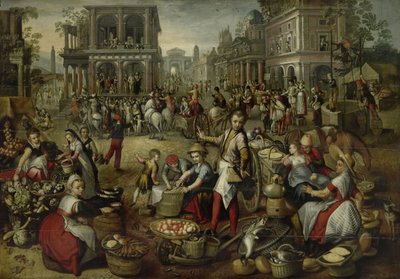 Marktplatz, mit der Geißelung, dem Ecce Homo und dem Kreuztragen im Hintergrund, 1550-90 von Joachim Beuckelaer
