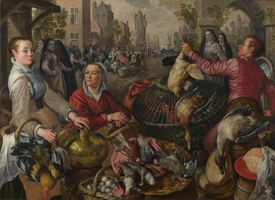 Die vier Elemente: Ein Geflügelstand in einer Stadt mit dem verlorenen Sohn im Hintergrund - eine Allegorie der Luft, 1569 von Joachim Beuckelaer