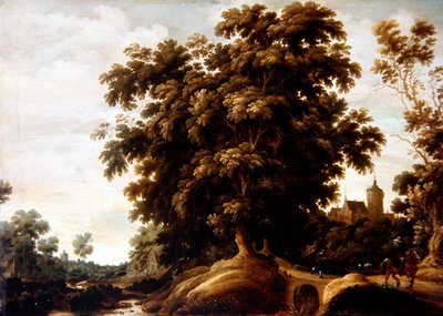 Eine Flusslandschaft mit Figuren und einem Dorf im Hintergrund von Joachim Govertsz Camphuysen