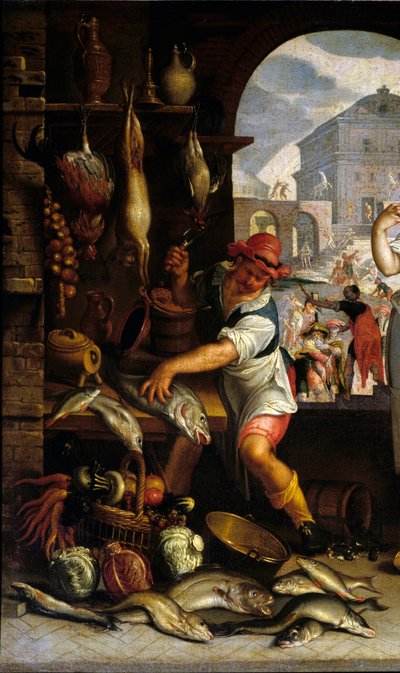 Detail von „Küchenszene mit dem Gleichnis vom Festmahl“ von Joachim Wtewael or Utewael