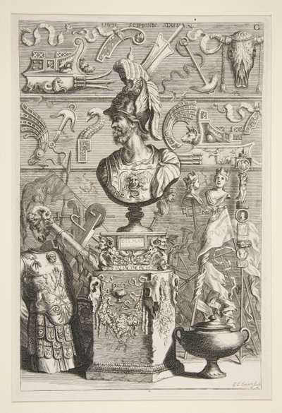 Eine Statue von Lucius Sciopione, Rüstung und andere antike Banner und Fragmente von Joachim von Sandrart