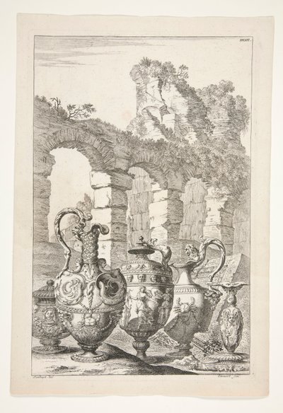 Drei Krüge, eine bedeckte Vase und ein Kerzenhalter in einer Landschaft mit Ruinen von Joachim von Sandrart