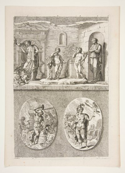 obere Hälfte: Vier antike Statuen untere Hälfte: Schmiede von Vulkan und ein siegreicher römischer General von Joachim von Sandrart