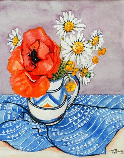 Roter Orientalischer Mohn und Margeriten in einem Honiton-Krug, 2005 von Joan Thewsey