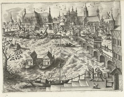 Stadtansicht mit Brücke und Hafen (Landschaften, Seestücke und fantasievolle Stadtansichten) von Joannes van Doetechum (I) (attributed to)