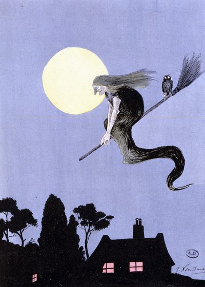 Die Hexen, wenn wir den Legenden glauben, waren die ersten, die die Luftfahrt praktizierten (Hexe auf ihrem Besen) - in "Die Abenteuer der Luftfahrt" von Xandaro von Joaquin Xaudaro