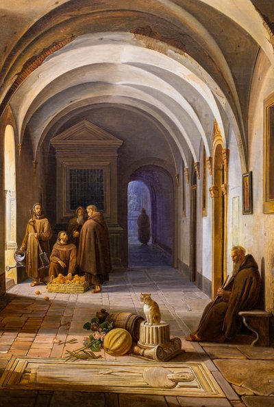 Franziskanermönche im Kreuzgang von Santa Maria d