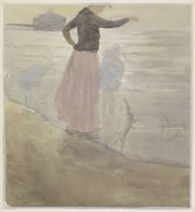 Frau mit zwei Kindern und einem Hündchen am Strand von Johan Antonie de Jonge