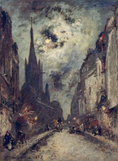 Die Rue St. Jacques mit der Kirche St. Séverin bei Mondschein von Johan Barthold Jongkind