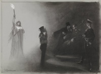 Entwurf für eine Illustration in De Amsterdammer: Die Niederlage Russlands zur See, 4. Juni 1905 von Johan Braakensiek