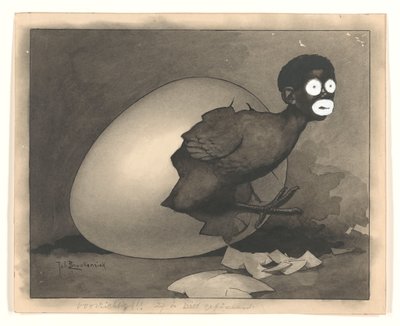 Entwurf für Illustration in De Amsterdammer: Ein schwarzer Mann kriecht aus einem Ei (19. April 1930) von Johan Braakensiek
