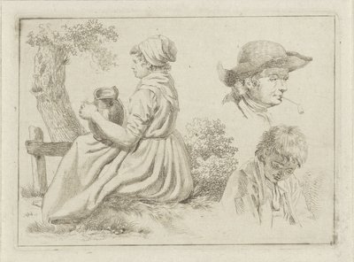 Sitzende Frau mit Krug, Porträt eines Mannes mit Pfeife und eines Jungen von Johan Christiaan Willem Safft