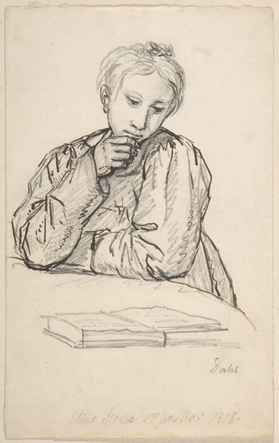 Porträt von Eline Marie Heger als Kind, auf einen Tisch gelehnt, ein Buch betrachtend von Johan Christian Dahl