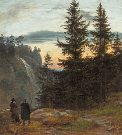 Zwei Männer vor einem Wasserfall bei Sonnenuntergang von Johan Christian Dahl