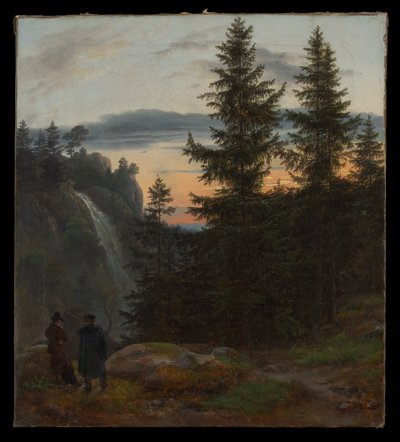 Zwei Männer vor einem Wasserfall bei Sonnenuntergang von Johan Christian Dahl