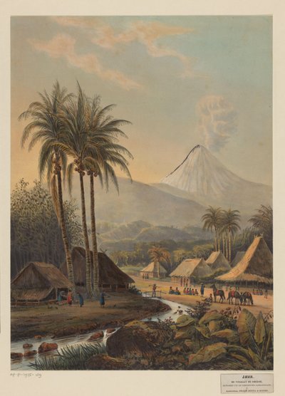 Ansicht eines Dorfes und des Vulkans Semeru auf Java von Johan Conrad Greive