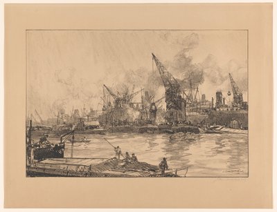 Ansicht des Hafens von Rotterdam mit verschiedenen Kränen von Johan Hendrik van Mastenbroek (signed by artist)