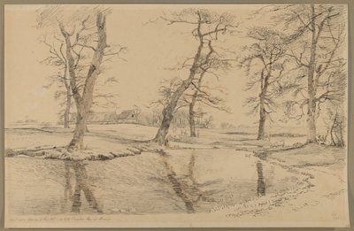Ein Bach bei einem Bauernhof in Usserød mit Kühen und zwei Figuren von Johan Thomas Lundbye