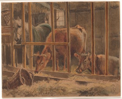 Das Innere eines Stalls mit einem weißen Pferd und zwei Kühen von Johan Thomas Lundbye