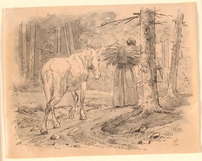 Die Frau und das Pferd. Illustration zu Kaalunds "Fabler for Børn". Siehe Kommentar aus dem Arkatalog. von Johan Thomas Lundbye