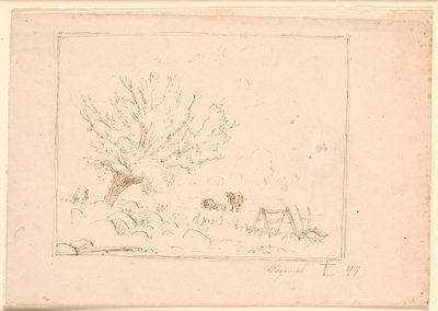Marklandschaft mit einer Weide bei großen Steinen, einem Hahn, einem Pflug und drei Kühen von Johan Thomas Lundbye