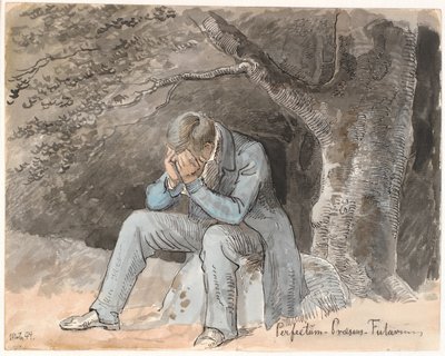 Perfectum - Präsens - Futurum. Junger Mann, der unter einem Baum auf einem Stein sitzt und die Hände vor dem Gesicht hat von Johan Thomas Lundbye