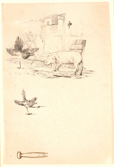 Der Storch und das Schwein. Unten eine Studie des Elsters und ein Werkzeug. Illustration zu Kaalunds "Fabler for Børn" von Johan Thomas Lundbye