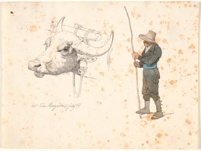 Studie des Kopfes eines Holzochsen und eines stehenden Feldmaus von Johan Thomas Lundbye