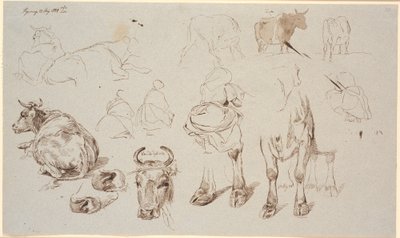 Studienblatt aus Vognserup. Oben Studien von Kühen, in der Mitte 4 Studien von Melkerinnen von hinten gesehen von Johan Thomas Lundbye