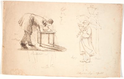 Studienblatt, links der Künstler selbst, vornübergebeugt, zeichnend auf einem Hocker oder kleinen Tisch. Darüber zwei Studien eines Offiziers und eines Mannes im Anzug. In der Mitte ein Studienkopf, Selbstporträt. Rechts steht der Künstler mit Regenschirm  von Johan Thomas Lundbye