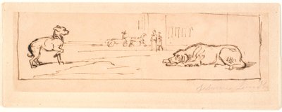 Zwei Hunde auf einer Straße. Im Hintergrund ein Pferdewagen und zwei Fußgänger von Johan Thomas Lundbye