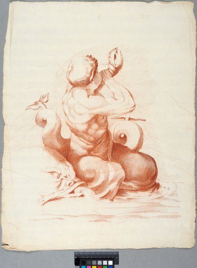Akademiezeichnung. Detail einer Deckendekoration mit Peleus und Thetis in der Galleria Farnese, Rom, Triton bläst eine Muschel von Johan Tobias Sergel