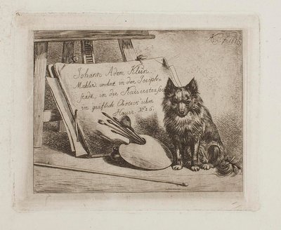 Hund sitzt bei den Malutensilien und dem Portfolio mit der Adresse des Künstlers von Johann Adam Klein
