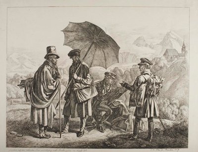 Ernst Welker, Johann Christoph Erhard und die Brüder Heinrich und Friedrich Philipp Reinhold auf einer malerischen Reise von Salzburg nach Berchtesgaden im August 1818 von Johann Adam Klein