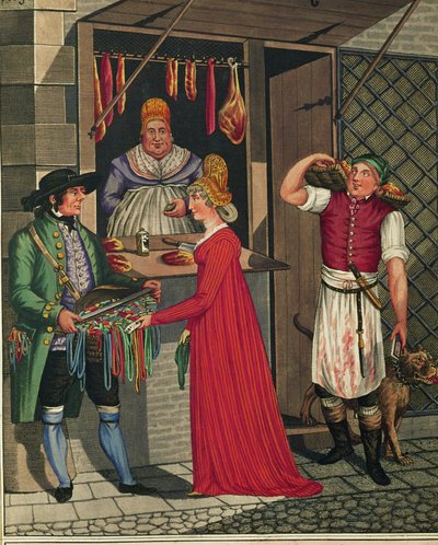 Metzgerei und Metzgerjunge mit Hund von Johann Adolph Opitz