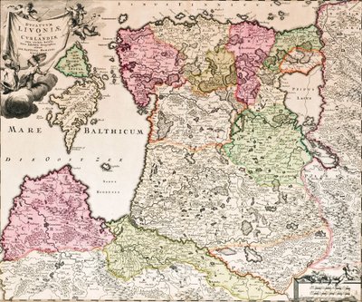 Die Ostsee aus: Baltikum Ducatuum Livoniae et Curlandiae cum vicinis Insulis Nova Exhibitio Geographica, ca. 1720 von Johann Baptista Homann