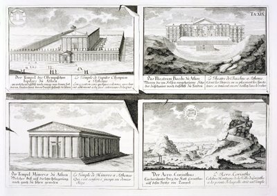 Ansichten von vier klassischen Gebäuden: Der Tempel des Olympischen Zeus, das Dionysostheater in Athen, der Athenatempel in Athen und ein Tempel in Korinth, aus Entwurf einer historischen Architektur von Johann Bernhard Fischer von Erlach