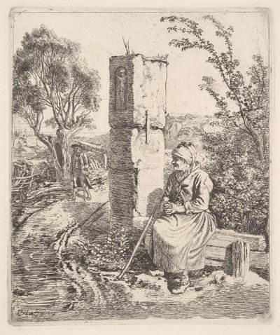 Eine alte Dame sitzt in der Nähe einer Säule am Straßenrand, 1819 von Johann Christian Erhard